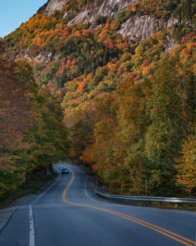 Winding mountain road lined with brilliant autumn foliage
