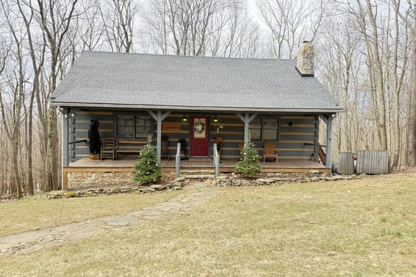 Chalet moderne en A avec un bardage brun rougeâtre, une cheminée en pierre et des garde-corps verts, entouré d’une forêt dense et d’une pelouse soignée.